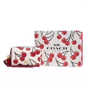 Sold COACH Retail Boxed Essential Cherry Print Leather Pouch Wristlet
